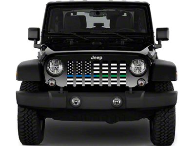 Grille Insert; Black and White American Flag with Blue/Green Line (18-25 Jeep Wrangler JL w/ TrailCam)