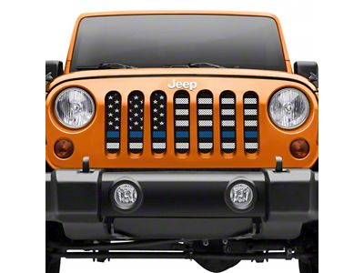 Grille Insert; Black and White American Flag with Blue Line (18-25 Jeep Wrangler JL w/ TrailCam)