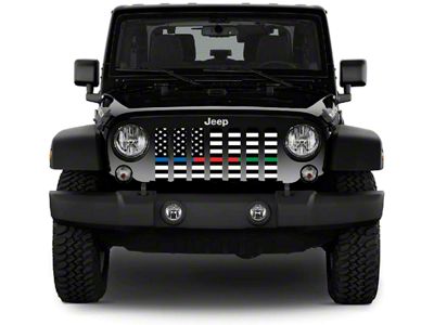 Grille Insert; Black and White American Flag with Blue/Red/Green Line (18-25 Jeep Wrangler JL w/ TrailCam)
