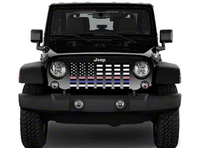 Grille Insert; Black and White American Flag with Blue/Red/White Line (18-25 Jeep Wrangler JL w/ TrailCam)
