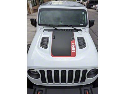 Hood Stripe with 1941 Logo; Matte Black with Red (18-25 Jeep Wrangler JL Rubicon)