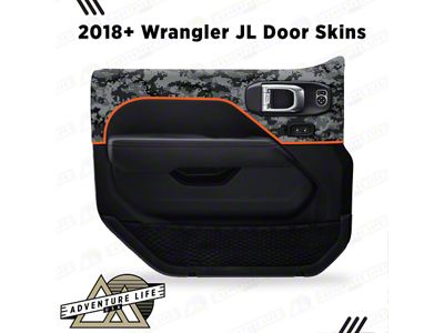 Matte Camo Interior Door Skins; Front; Orange Outline (18-26 Jeep Wrangler JL w/ Power Locks & Windows)