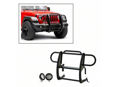 Modular Grille Guard with 5.30-Inch Black Round Flood LED Lights; Black (18-25 Jeep Wrangler JL, Excluding 4xe)