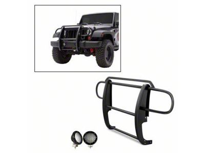Modular Grille Guard with 5.30-Inch Black Round Flood LED Lights; Black (07-18 Jeep Wrangler JK)