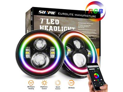 Multi-Color RGB Halo Rotating LED Headlights; Black Housing; Clear Lens (76-86 Jeep CJ7; 97-18 Jeep Wrangler TJ & JK)