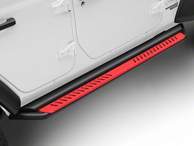 Nerf Side Step Bars with Red Accent Plates; Textured Black (18-25 Jeep Wrangler JL 4-Door)