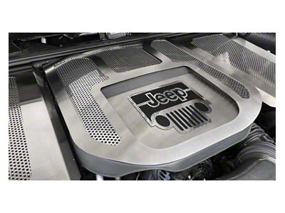 Perforated Engine Shroud with Jeep Logo; Brushed; Black Carbon Fiber; Red LED (12-18 3.6L Jeep Wrangler JK)