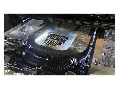 Perforated Engine Shroud with Jeep Logo; Brushed; Black Carbon Fiber; White LED (12-18 3.6L Jeep Wrangler JK)
