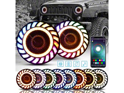 RGB 3D LED Lens Halo Rotating Headlights; Black Housing; Clear Lens (97-18 Jeep Wrangler TJ & JK)