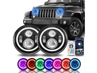 RGB Halo Angel Eye LED Headlights; Black Housing; Clear Lens (76-86 Jeep CJ7; 97-18 Jeep Wrangler TJ & JK)