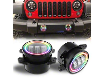 RGB Halo Rotating LED Headlights with RGB Halo Rotating Fog Lights; Black Housing; Clear Lens (07-18 Jeep Wrangler JK)