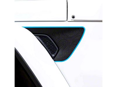 Topographic Map Fender Vent Premium Wrap Decal; Black with Blue Outline (18-25 Jeep Wrangler JL)