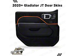 Topographic Map Interior Door Skins; Front and Rear; Black with Orange Outline (18-26 Jeep Wrangler JL 4-Door w/ Power Windows & Locks)
