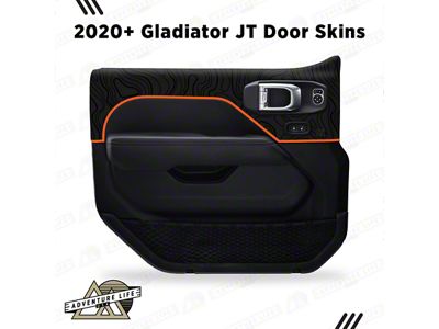 Topographic Map Interior Door Skins; Rear; Black with Orange Outline (18-26 Jeep Wrangler JL 4-Door w/ Power Windows & Locks)