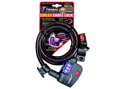 TRIMAFLEX Coiled Cable Lock with LED Combo Lock and Quick Release Bracket; 6-Foot x 12mm