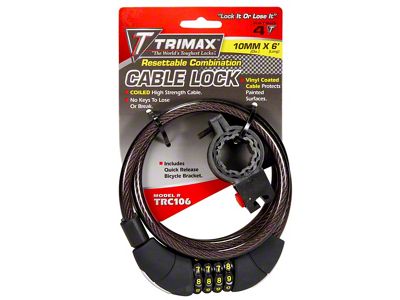 TRIMAFLEX Coiled Cable Lock with Resettable Combo Lock and Quick Release Bracket; 6-Foot x 10mm