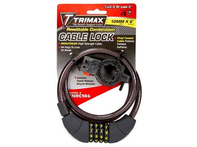 TRIMAFLEX Non-Coiled Cable Lock with Resettable Combo Lock and Quick Release Bracket; 6-Foot x 10mm