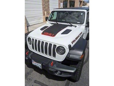 V2 Hood Stripe with 1941 Logo; Matte Black with Red Pinstripe (18-25 Jeep Wrangler JL Rubicon)