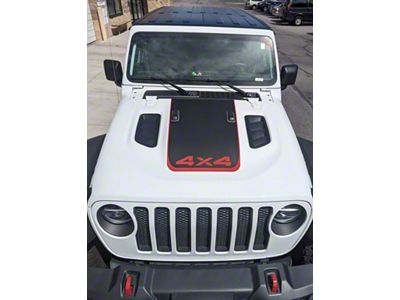 V2 Hood Stripe with 4x4 Logo; Matte Black with Red Pinstripe (18-25 Jeep Wrangler JL Rubicon)
