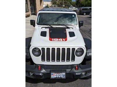 V3 Hood Stripe with 1941 Logo; Matte Black with Red (18-25 Jeep Wrangler JL Rubicon)