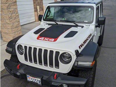V3 Hood Stripe with 4x4 Logo; Matte Black with Red Pinstripe (18-25 Jeep Wrangler JL Rubicon)