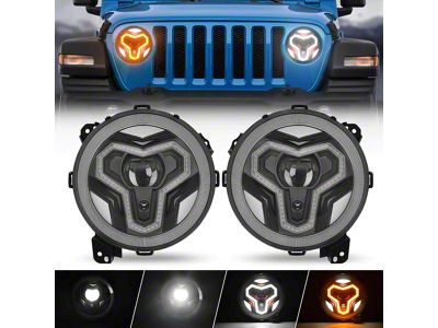 Warrior Style LED Headlights with Halo DRL and Turn Signals; Black Housing; Clear Lens (18-25 Jeep Wrangler JL w/ Factory Halogen Headlights)