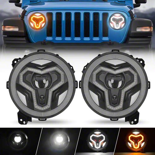 SPL Black Warrior 7 Inch Round LED Headlights With Halo Projector For Jeep Wrangler JK TJ LJ & CJ - Pair (2PCS) DOT SAE