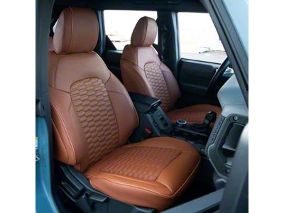 Premium Artificial Leather Front and Rear Seat Covers; All Brown with Double Hex Stitch Accent Insert (21-25 Bronco 4-Door w/ Front Seat MOLLE Panel)