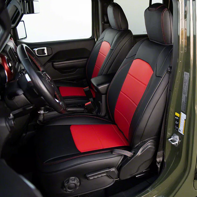 Kustom Interior Premium Artificial Leather Front and Rear Seat Covers Black with Red Accent 18 24 Jeep Wrangler JL 4 Door w o Power Seats
