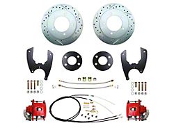 MBM Brakes Rear Disc Brake Conversion Kit with E-Brake, Drilled and Slotted Rotors; Red Calipers (76-86 Jeep CJ7)