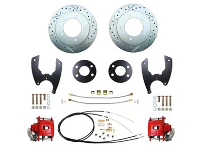 MBM Brakes Rear Disc Brake Conversion Kit with E-Brake, Drilled and Slotted Rotors; Red Calipers (76-86 Jeep CJ7)
