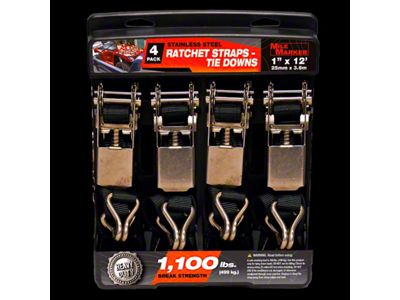 Mile Marker 1-Inch x 12-Foot Ratchet Straps; 4-Pack