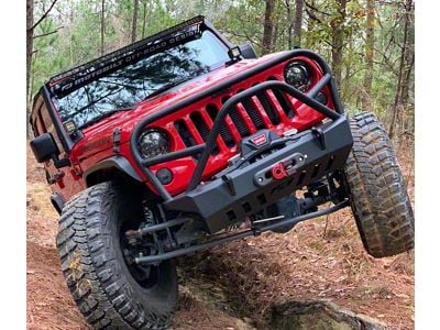 Motobilt Crusher Series Front Bumper with Grille Hoop and Stinger; Bare Steel (07-18 Jeep Wrangler JK)