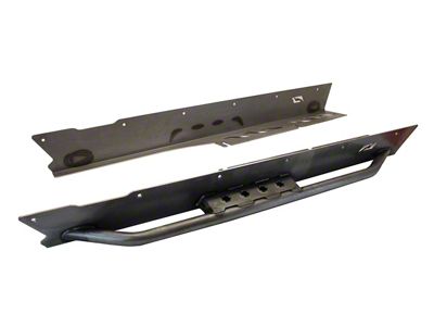 Motobilt Rocker Guards for Comp Cut Corners with Tube Step; Notched for Motorbilt Front Fenders; Bare Steel (04-06 Jeep Wrangler TJ Unlimited)