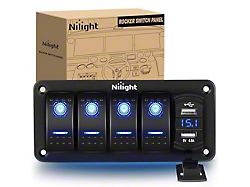 4-Gang Rocker Switch Panel with Dual USB Chargers and Voltmeter; Blue LED (Universal; Some Adaptation May Be Required)