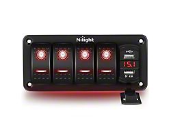4-Gang Rocker Switch Panel with Dual USB Chargers and Voltmeter; Red LED (Universal; Some Adaptation May Be Required)