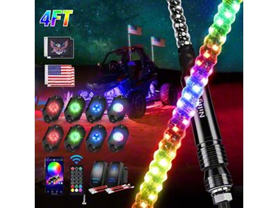 Spiral Antenna Bluetooth Remote App Control LED Whip Lights with RGB Rock Lights; 4-Foot (Universal; Some Adaptation May Be Required)
