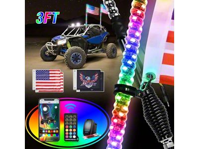Spiral Antenna Bluetooth Remote App Control LED Whip Lights with Spring Base; 3-Foot (Universal; Some Adaptation May Be Required)