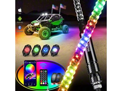 Spiral Antenna RGB LED Whip Lights with RGB Rock Lights; 4-Foot (Universal; Some Adaptation May Be Required)