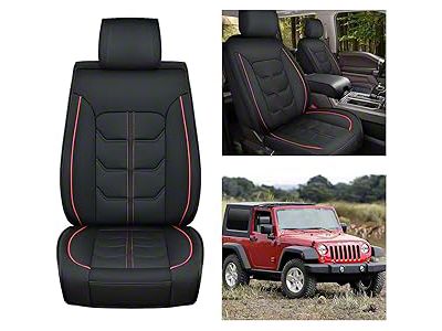 Waterproof Leather Front Seat Covers; Black and Red (07-25 Jeep Wrangler JK & JL)