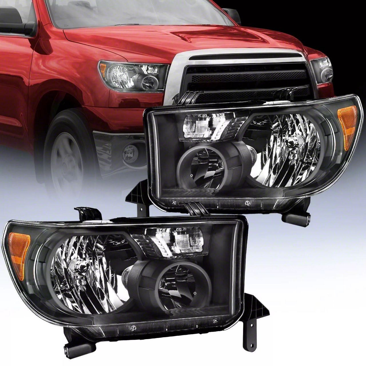Tundra OE Style Headlights with Amber Corners; Black Housing; Clear