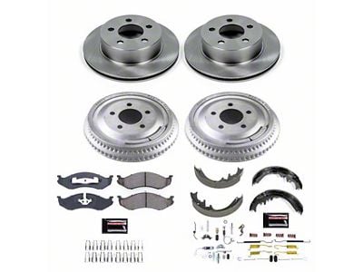 PowerStop OE Replacement Brake Rotor, Drum and Pad Kit; Front and Rear (1999 Jeep Cherokee XJ w/ 3-Inch Cast Rotors & 10-Inch Rear Drums; 00-01 Jeep Cherokee XJ w/ 10-Inch Rear Drums)
