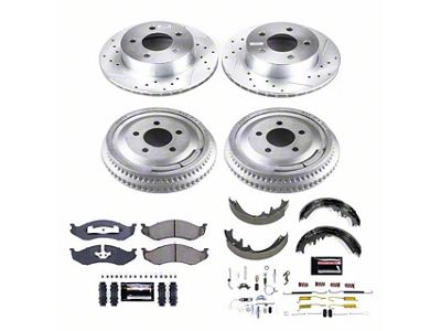 PowerStop Z23 Evolution Sport Brake Rotor, Pad and Drum Kit; Front and Rear (92-98 Jeep Cherokee XJ w/ 10-Inch Rear Drums; 1999 Jeep Cherokee XJ w/ 3-1/4-Inch Composite Rotors & 10-Inch Rear Drums)