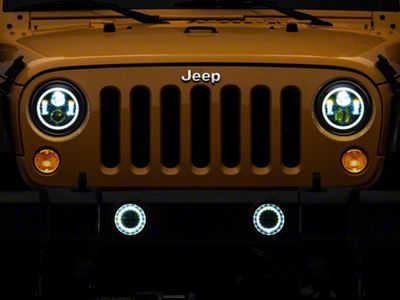Quake LED Tempest 7-Inch Headlights and 4-Inch Fog Lights with White DRL Halo and Amber Turn Signal; Black Housing; Clear Lens (76-86 Jeep CJ5 & CJ7; 97-18 Jeep Wrangler TJ & JK)