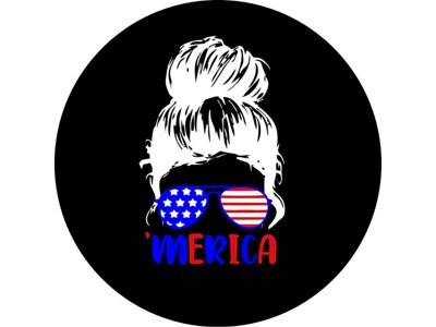 Messy Bun Girl with Sunglasses + 'Merica Spare Tire Cover; Black (76-18 Jeep CJ7, Wrangler YJ, TJ & JK)