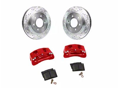 SSBC-USA M4-Moab Rear 4-Piston Caliper and Performance Brake Pad Upgrade Kit with Cross-Drilled Slotted Rotors; Red Calipers (20-25 Jeep Gladiator JT)