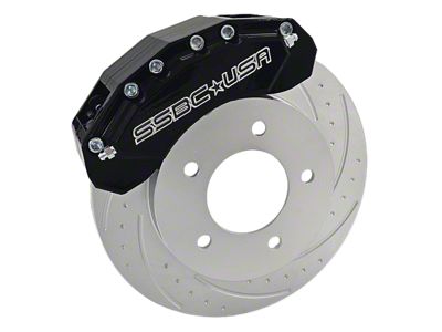 SSBC-USA M6-Moab Front 6-Piston Caliper and Performance Brake Pad Upgrade Kit with Cross-Drilled Slotted Rotors; Black Calipers (20-25 Jeep Gladiator JT)