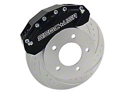 SSBC-USA M6-Moab Front 6-Piston Caliper and Performance Brake Pad Upgrade Kit with Dimple Drilled/Slotted Rotors; Black Calipers (07-26 Jeep Wrangler JK & JL)