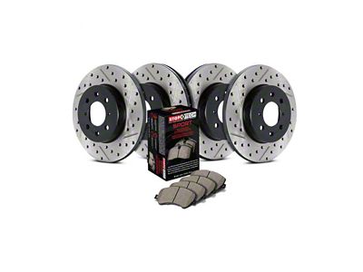 StopTech Sport Axle Slotted and Drilled Brake Rotor and Pad Kit; Front and Rear (11-17 Jeep Grand Cherokee WK2 w/ Solid Rear Rotors, Excluding SRT & SRT8)