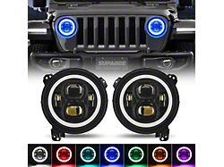 Suparee 9-Inch LED Headlights with RGBW Halo; Black Housing; Clear Lens (20-25 Jeep Gladiator JT)